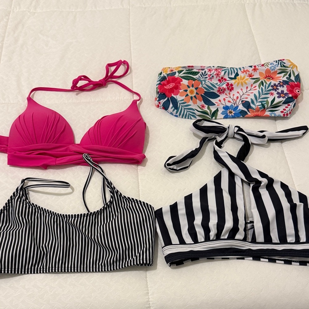 Bright Pink & Striped Bikini Tops Set - 4 Pieces